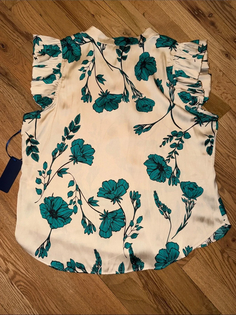 RACHEL Rachel Roy Teal Floral Ruffle Sleeve Blouse on Cream Base Size L NWT - Picture 6 of 6